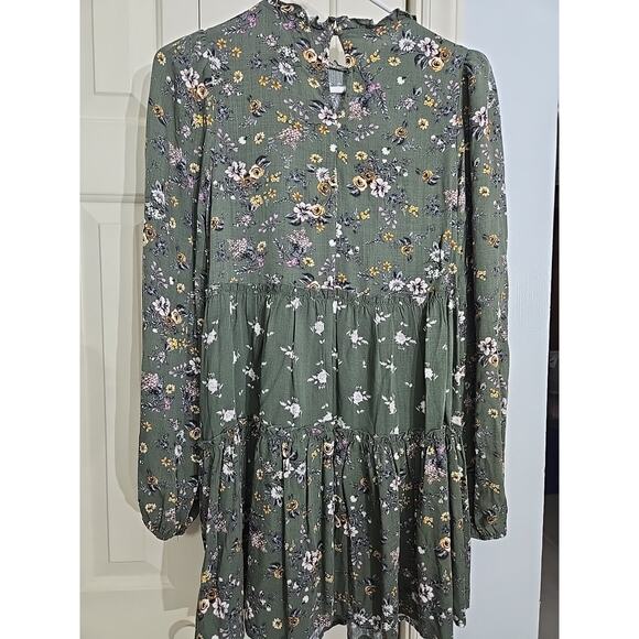 Green Floral Long Sleeve Layered Mini Fairy Goth Cottagecore Peasant Dress XS - Picture 2 of 6